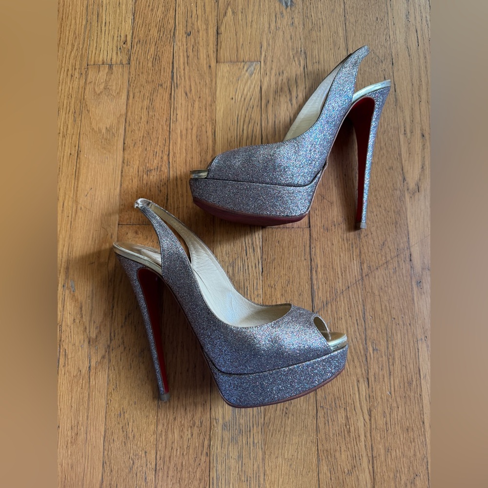 Christian Louboutin Lady Peep 150 Rainbow Glitter Peep Toe Sling Back Sz 40 - Picture 15 of 16